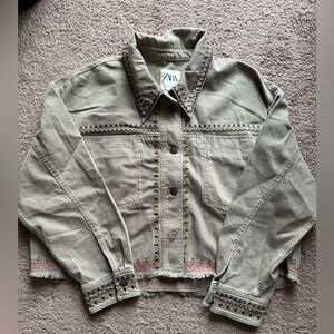 Zara Women's Embroidered Olive Green Denim Jean Jacket